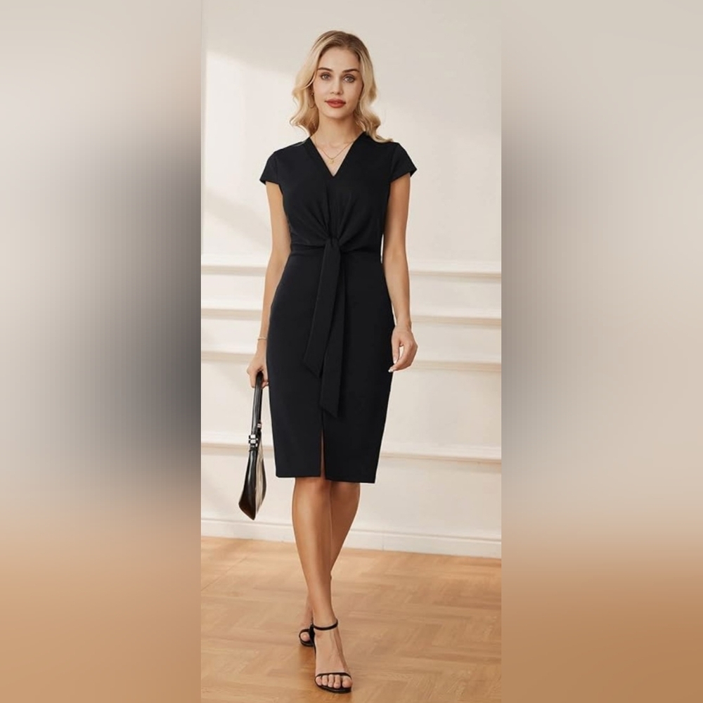 Grace Karin Black Midi Dress with Tie Front